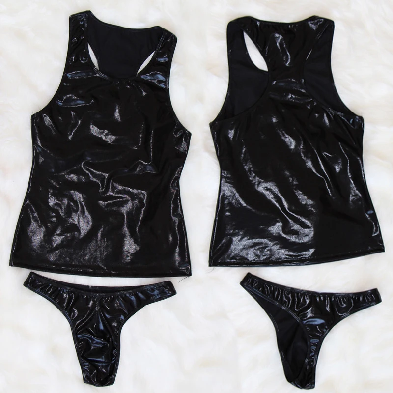 Sexy Men Vinyl Undershirt Lingerie Set Black Leather Tank Top Low Waist G-String Thongs Underwear Male Erotic Wetlook Clubwear