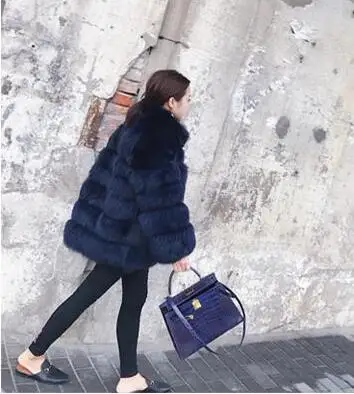 Navy blue Зимнее меховое пальто Женская Роскошная Шуба из искусственного лисьего меха 26 цветов на заказ Плюс Размер пушистая куртка из искусственного меха пальто из искусственного меха Manteau Fourrure - Цвет: Navy blue