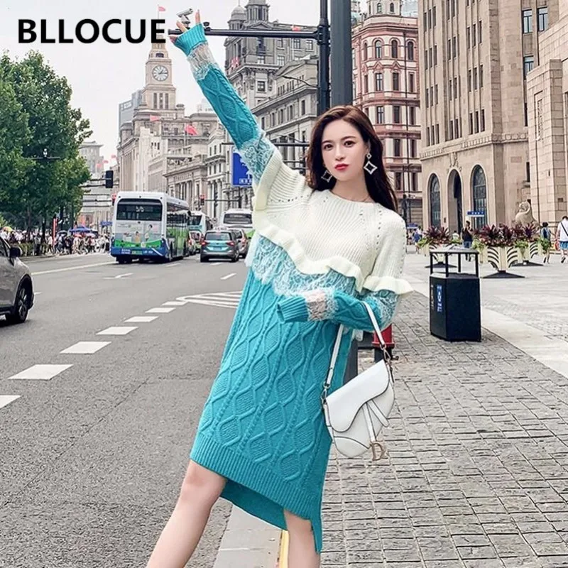 

BLLOCUE Autumn New Knit Dress 2019 Winter Women Lace Stitching Contrast Color Fashion Elegant Ruffled Loose Casual Dress Ladies