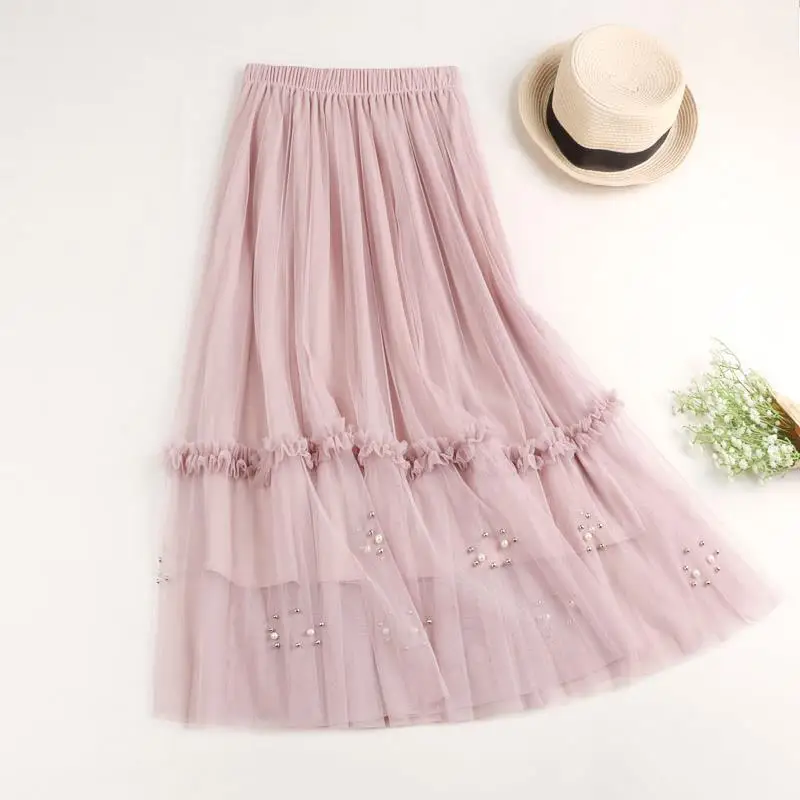 

2021 Women Spring Summer Vintage Pleated Skirts Female Beading A-line High Waist Mesh Midi Skirt Ladies Casual Solid Faldas E564