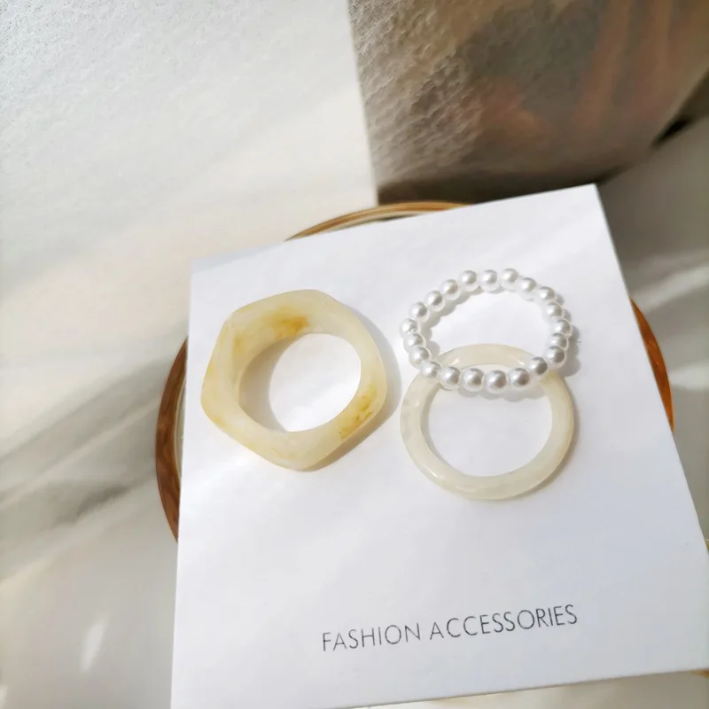 

3pcs/set Retro Ins Y2k Resin Rings Imitation Pearls Design Ring French Style Elegant Women Jewelry Gift for Lover Wholesale