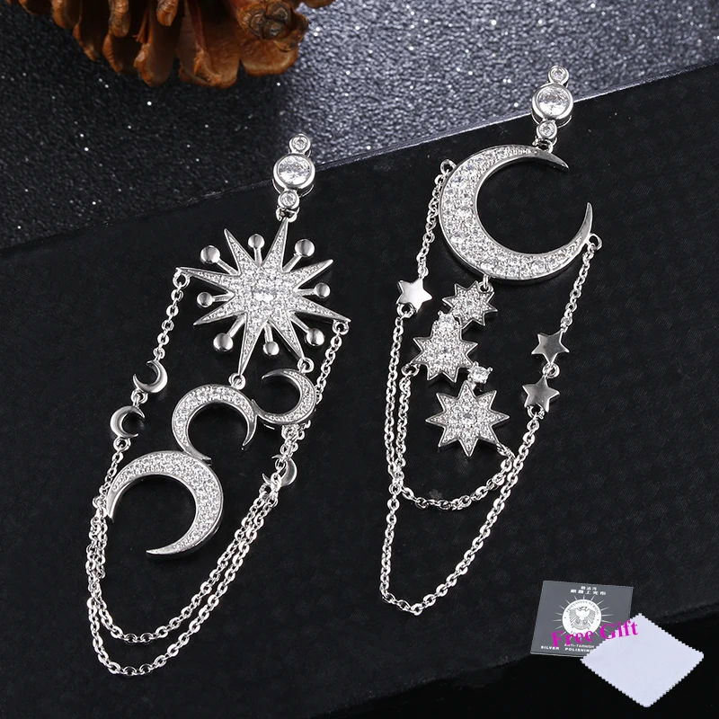 LXOEN Romantic Luxury Moon Star Drop Earrings For Women Bohimian Beaded Blue CZ White Gold color Earing Bijoux E359 | Украшения и