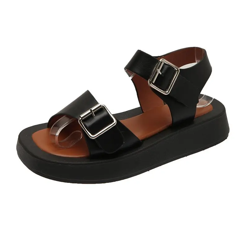 

Woman Sandals Flat Shoes 2021 New Fashion Sandals Summer Round Toe Mid Heel Black White Buckle Basic Size 35-40