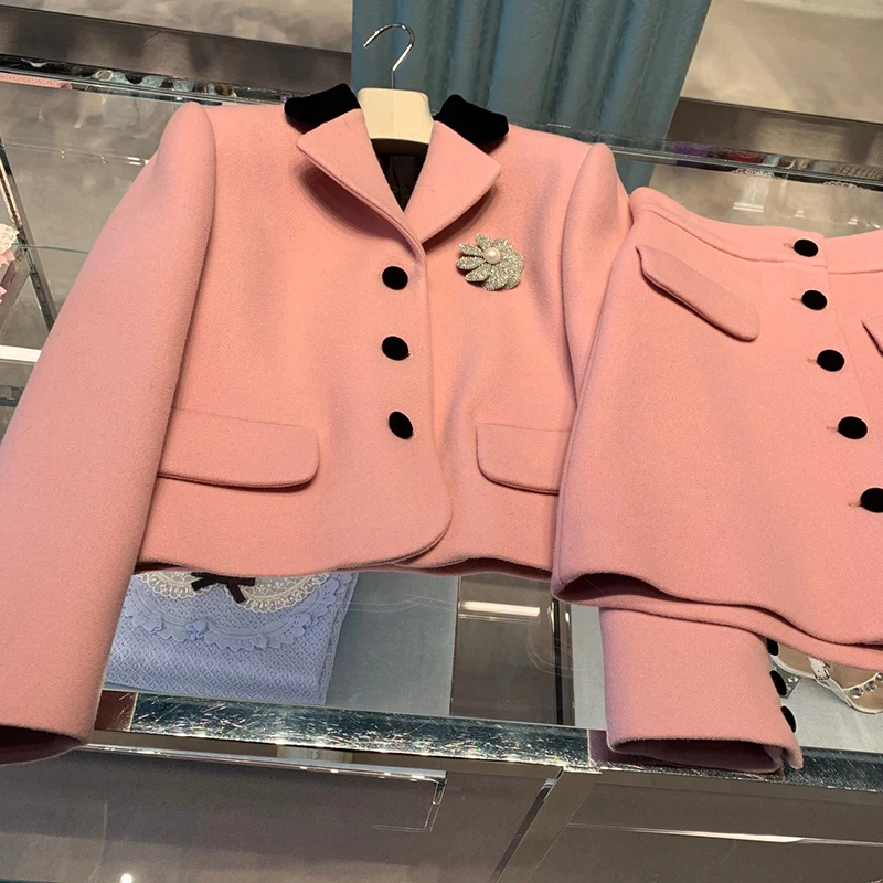 

LouLanQueen осенне-зимние Шерстяное пальто юбка костюм из 2 частей Одежда для набора для женщин женская одежда синий и розовый