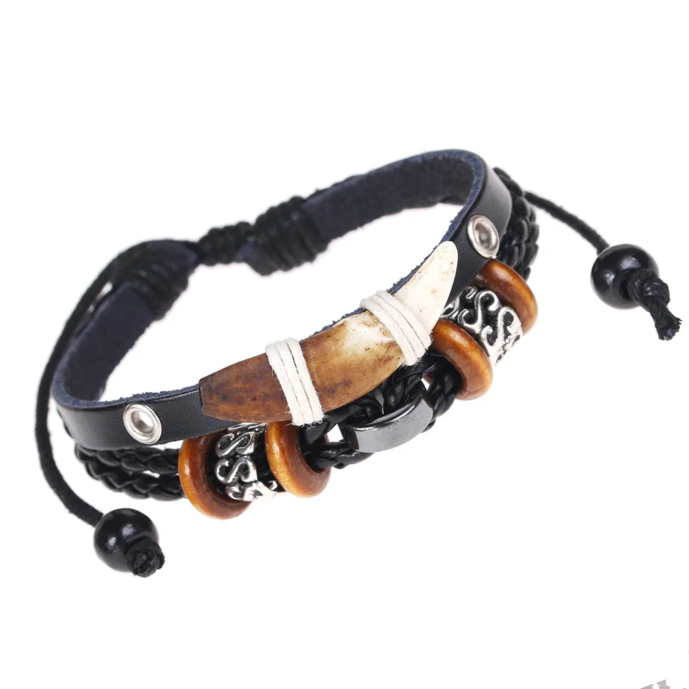 

New Dog Teeth Leather Bangle Memorial Jewelry Beaded Woven Bracelets Ethnc Charm Jewelry Fashion Accessoriesx Beads Set Gifts