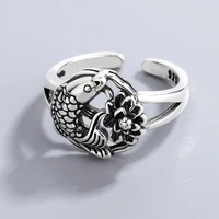 antique lotus fish ring silver plated mouth lucky koi fish ring ethnic style womens jewelry best friend lover family gift