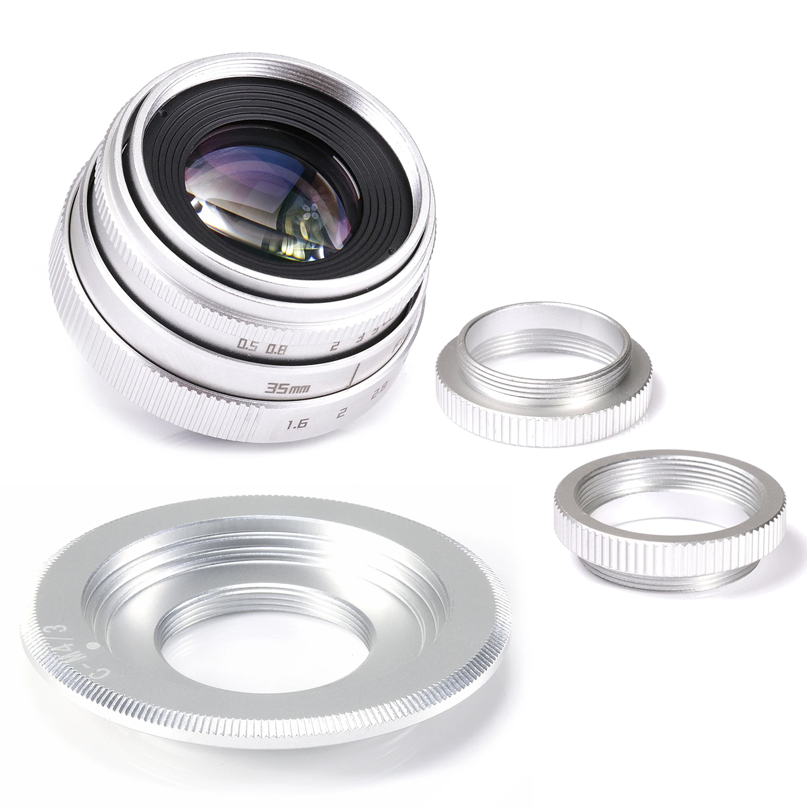 

Silver Mini 35mm f/1.6 APS-C CCTV Lens+adapter ring+2 Macro Ring for P anasonic/O lympus Micro4/3 M4/3 Mirroless Camera