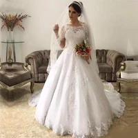 custom long sleeves lace wedding dresses 2021 with appliques scoop neck court train tulle wedding bridal gowns