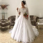 Кружевные свадебные платья на заказ с длинным рукавом 2021 с аппликацией и глубоким круглым вырезом тюлевые Свадебные платья со шлейфом