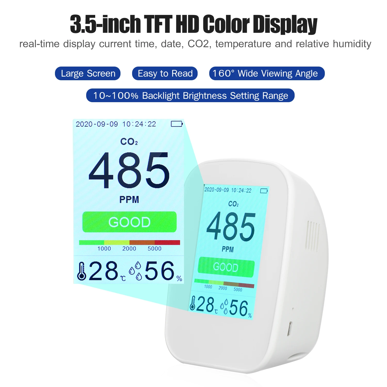 

Desktop Gas Detector 3-in-1 Multifunctional CO2/RH/Temp Meter Air Quality Monitor CO2 Meter Temperature Humidity Tester