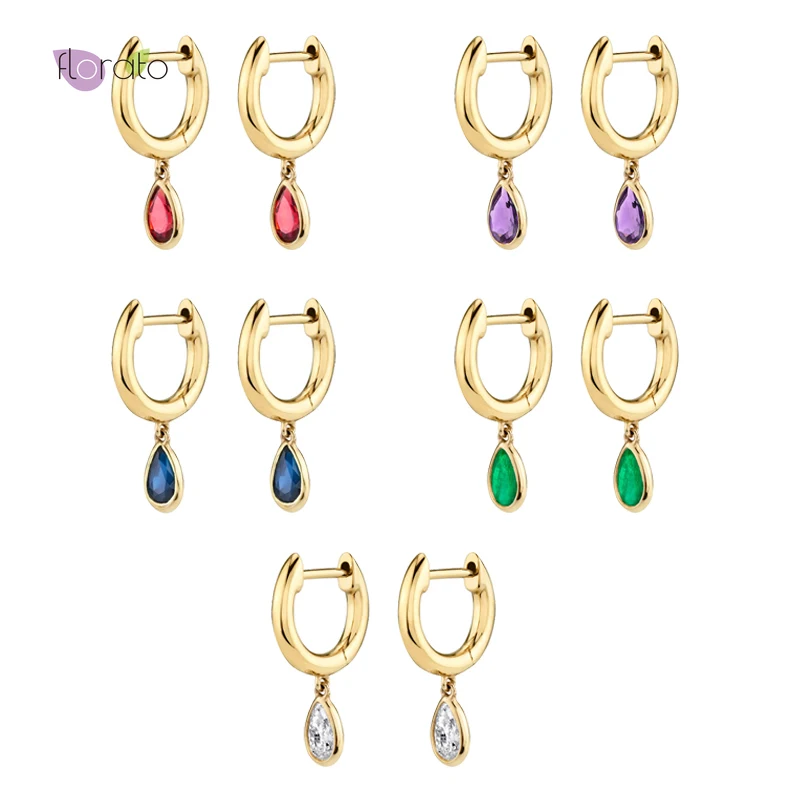 

925 Sterling Silver Ear Buckle Colorful Small Pendant Ladies Hoop Earring Round Drop Oval Shape White/Blue/Green/Purple/Rose Red
