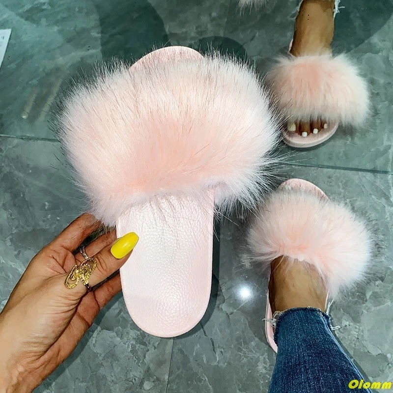

hot Women Summer Real Fox Fur Slides Women Non-slip Fluffy Fur Slippers Women Furry Slippers Ladies Cute Plush Fox Hair Slippers