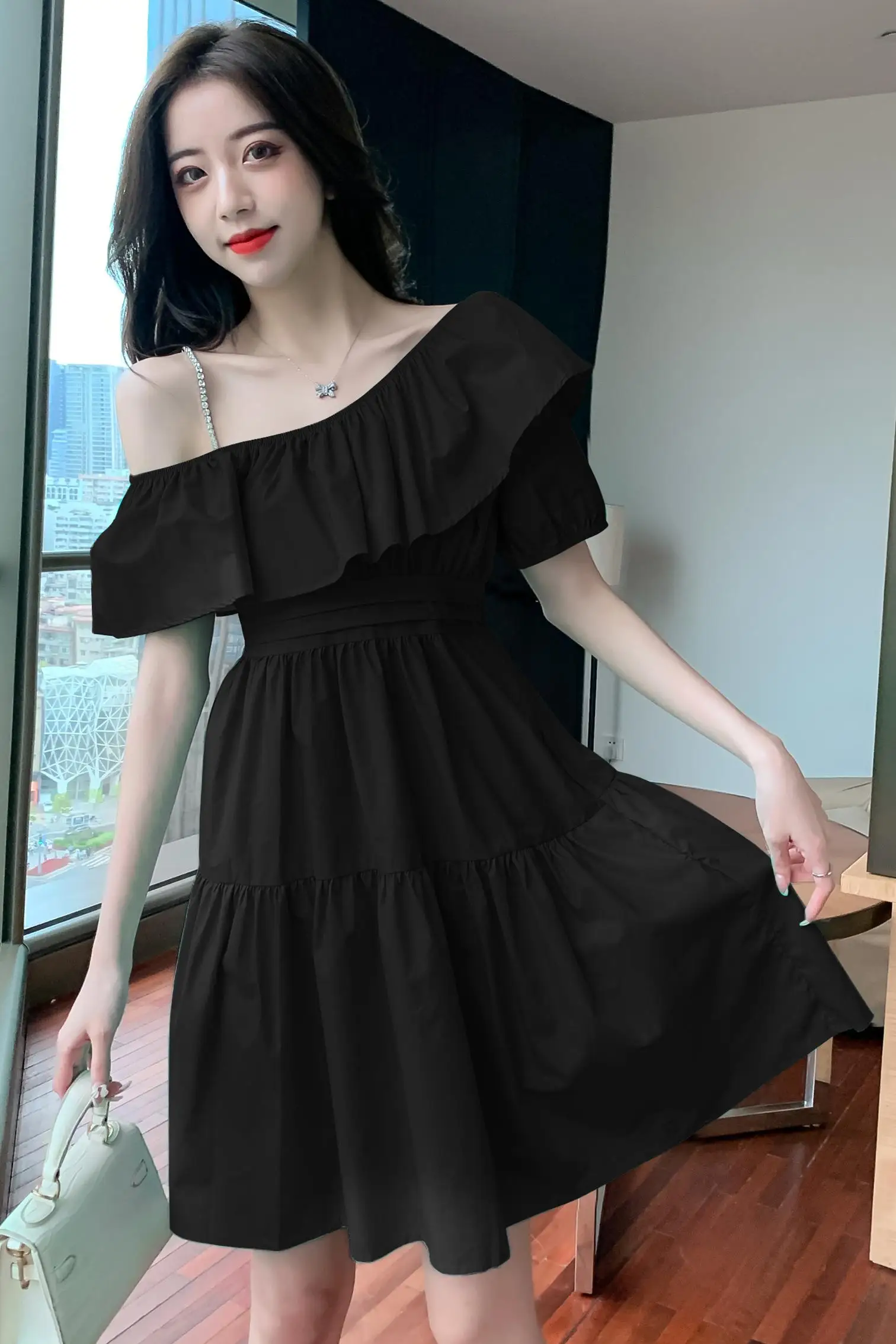 

COIGARSAM Sexy Ruffles Women one-piece dress korean Cute Spaghetti Strap Pleated High Waist Dresses White Green Black 7918