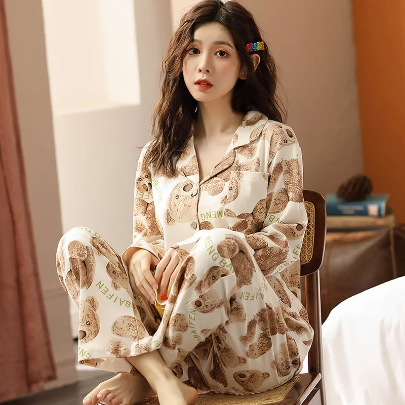 

Winter Warm Cotton Pajamas Set For Women Soft Cotton Woman Nightwear Kawaii Cat Pattern Home Wear Loose Oversized Sleepwear Suit