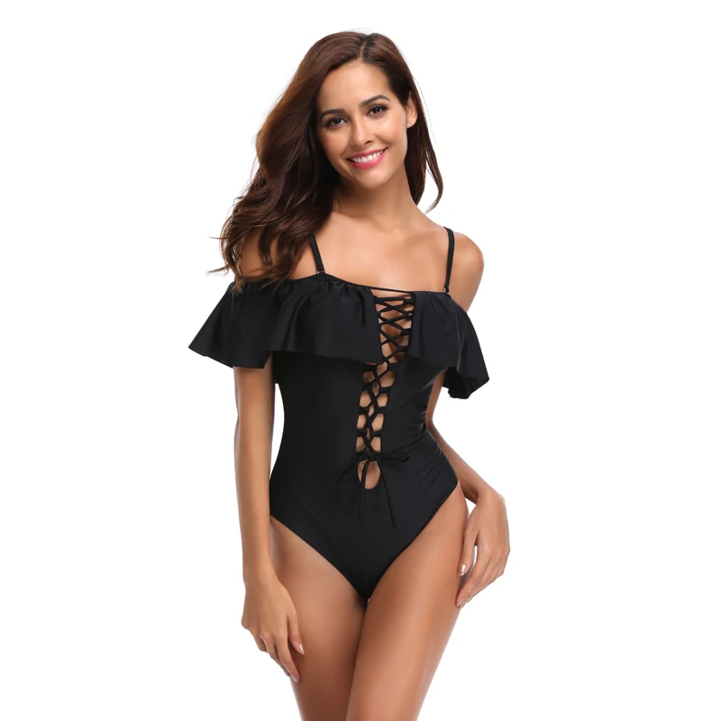 2020 сексуальный однотонный купальник с открытыми плечами Женский цельный женский
