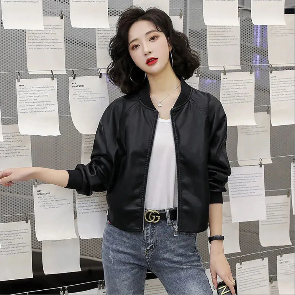 

Motorcycle Leather Women's Spring Autumn 2021 New Product Fashion Temperament Casual Stand-up Collar PU Short Jacket Trend Coat