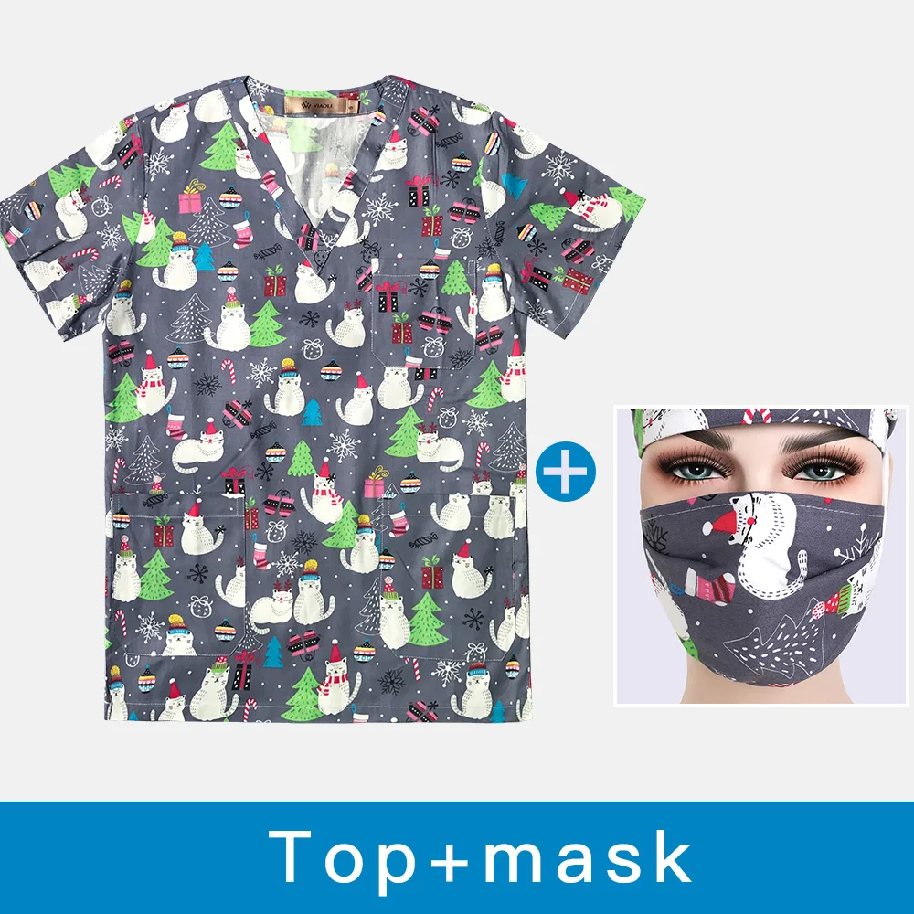 top mask Рождественская елка с принтом на каждый день, топы в больнице хирургические мужские и женские хлопковые футболки Серый медицинская униформа для кормления Одежда униформа для сотрудниц спа-салонов - Цвет: top mask