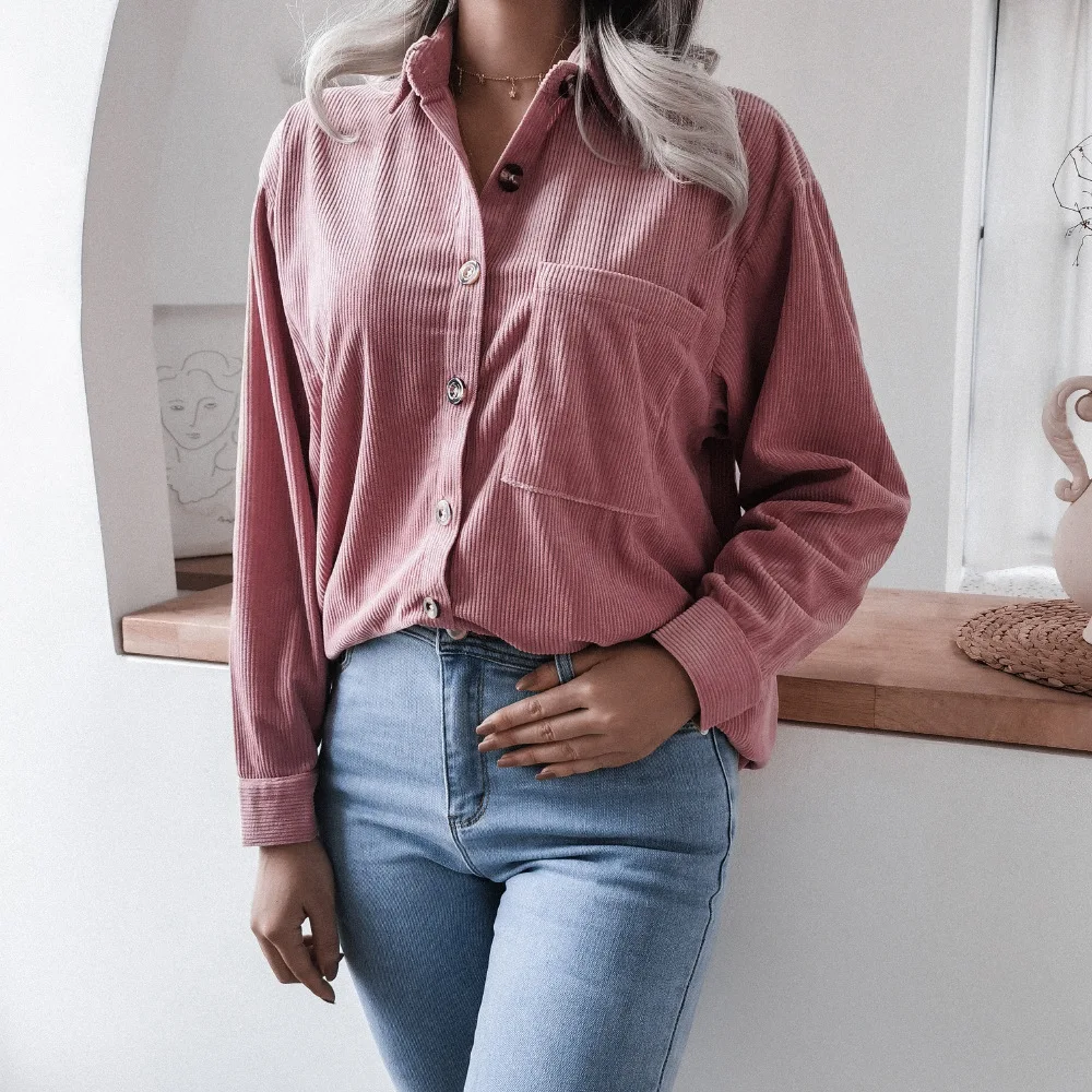 

Corduroy Blouses Spring Autumn Loose Casual Women Shirts Long Sleeve Retro Shirt With Lapel Feminine Blouse Pockets Office Tops