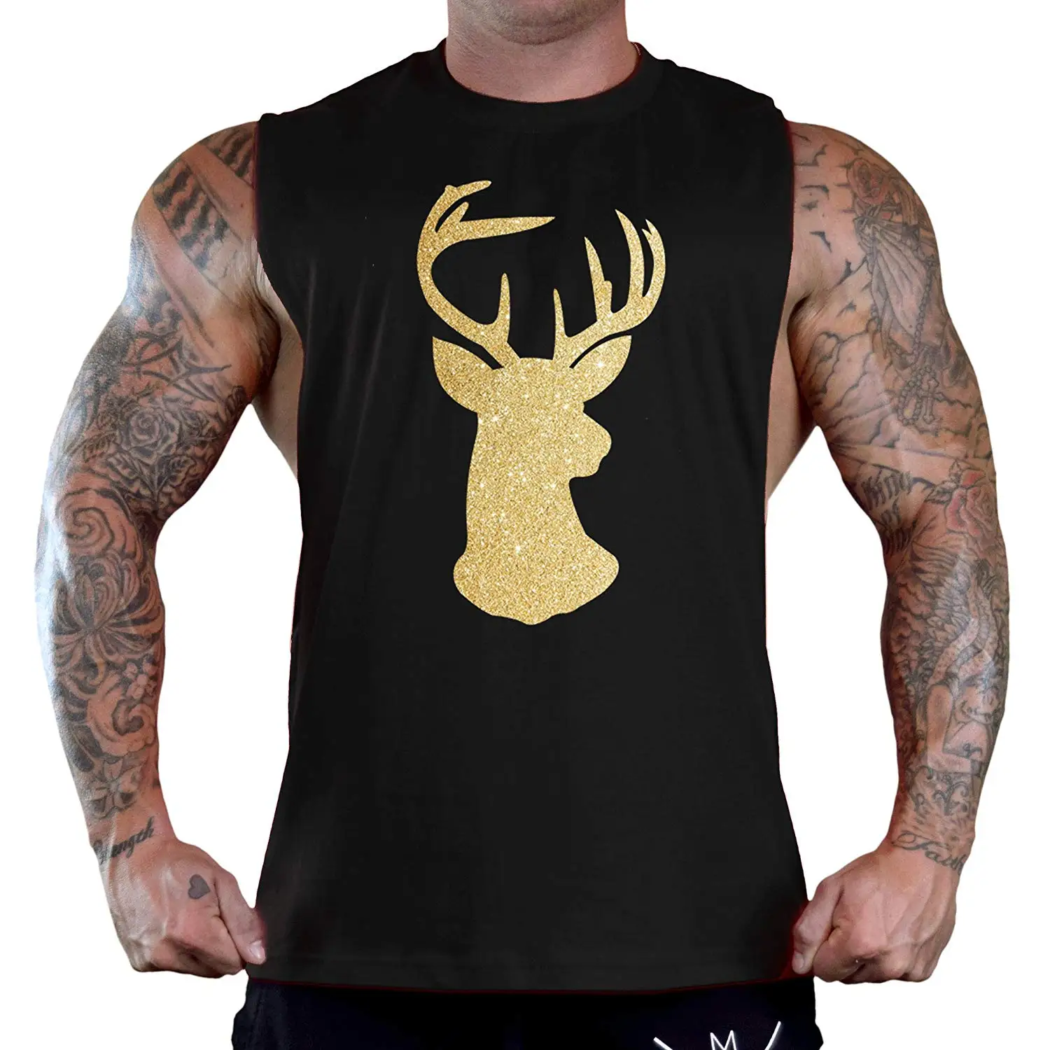 Блестящая Черная Мужская футболка без рукавов с золотым оленем мужская майка