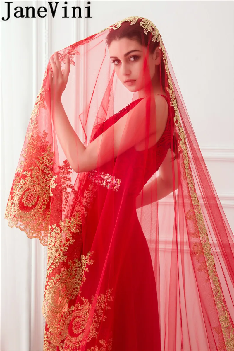 Красная изящная свадебная фата jaevini длиной 3 5 метра Арабская Однослойная Золотая