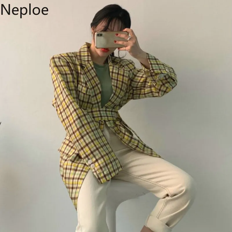 Женский блейзер в клетку Neploe однобортный свободный пиджак с длинными рукавами и