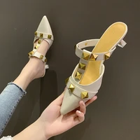 2021 fashion rivet women genuine leather pointed toe sandals ankle wrap solid color dress party summer shoe size 34 41 slippers