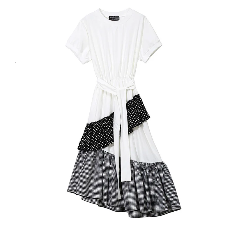 [EAM] New Spring Summer Round Neck Short Sleeve Hem Dot Irregular Plaid Printed Loose Dress Women Fashion Tide JT0880
