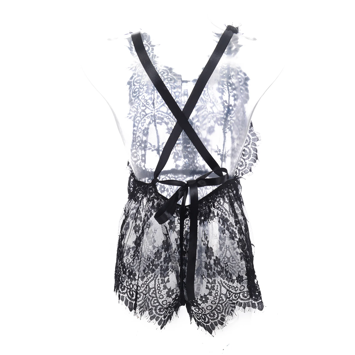 

Women Sexy Nightwear, See-Through Romper, Floral Mesh Deep V-Neck Elastic Backless Lingerie