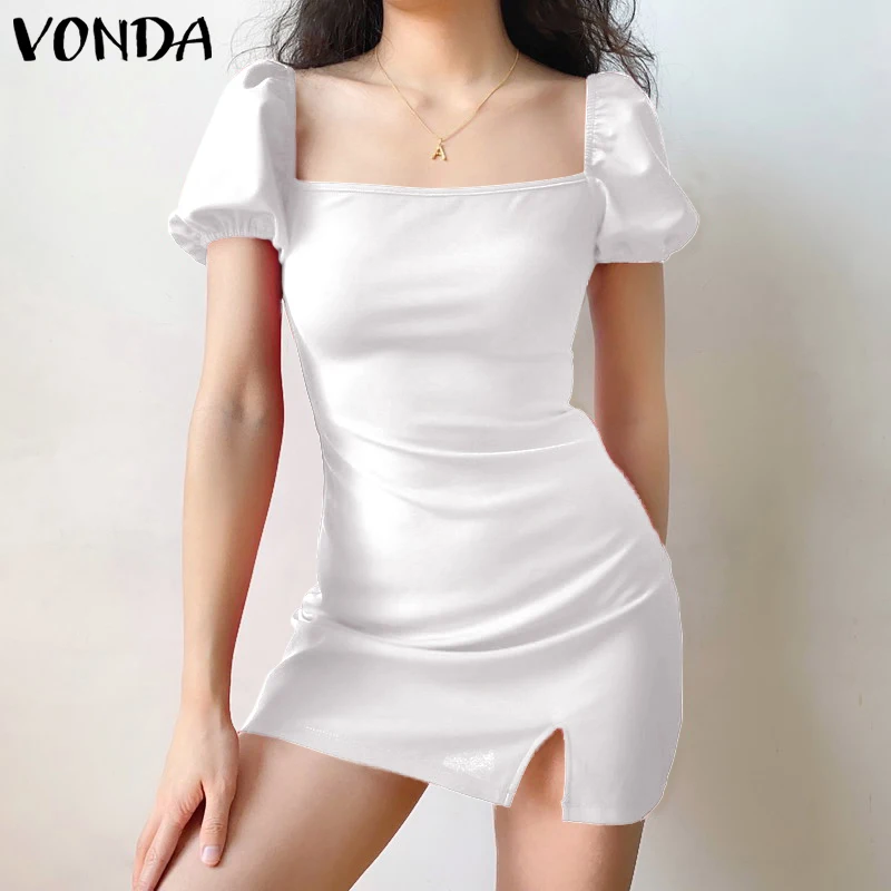 

Women Puff Sleeve Dress 2021 VONDA Vintage Square Neck Zipper Side Slit Mini Dress Beach Holiday Vestido Short Party Robe Femme
