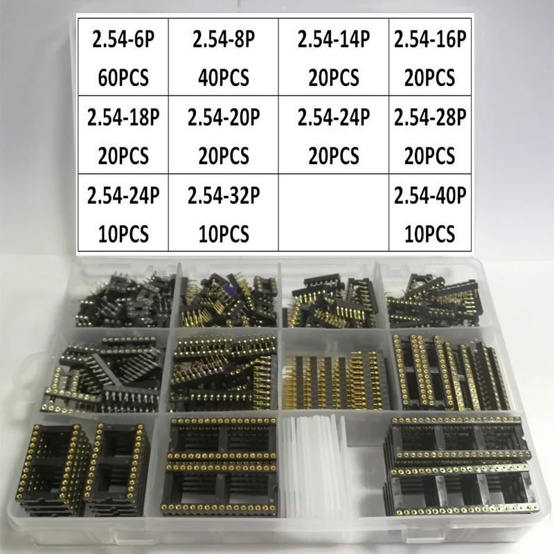 Gold Plated Ic Socket Kit DIP6 DIP8 DIP14 DIP16 DIP18 DIP20 DIP28 DIP40 Round Hole 2.54 PCB Connector DIP 6 8 14 16 18 20 28 32