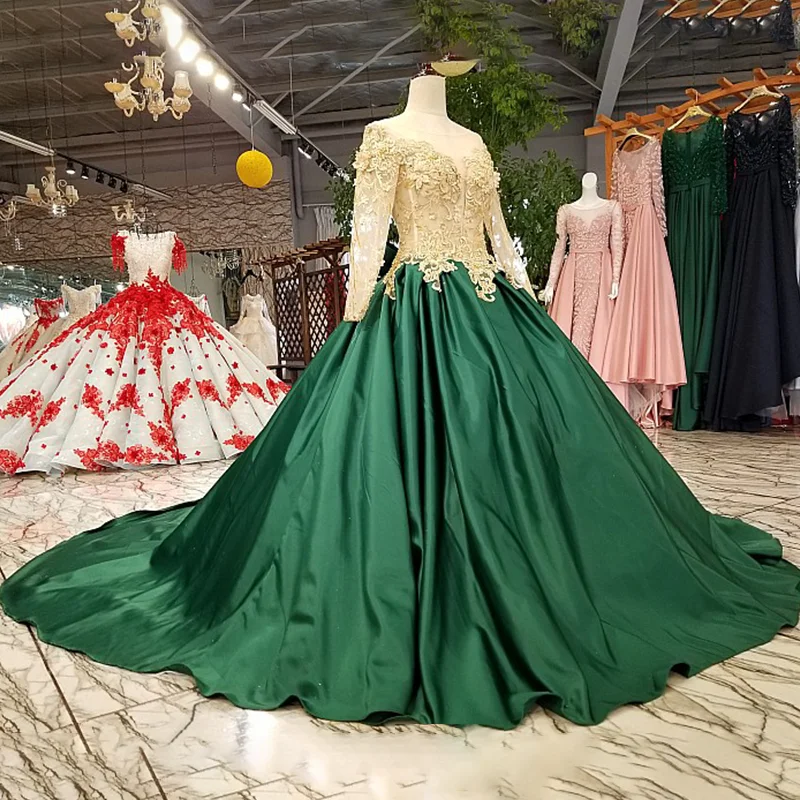 LS39541 длинное рукав зеленое вечернее платье A line зашнуруйте назад атласное