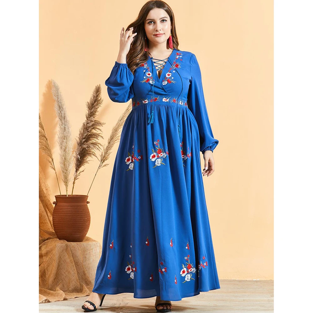 

Fashion Women Plus Size Maxi Dress Embroidery Abaya Muslim Kaftan Moroccan Dubai Jilbab Turkey Caftan Isalmic Clothing Ramadan