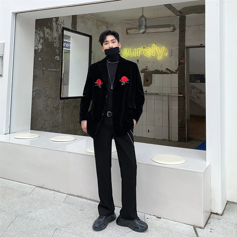 Розовый вышитый блейзер в стиле ретро мужской повседневный бархатный пиджак