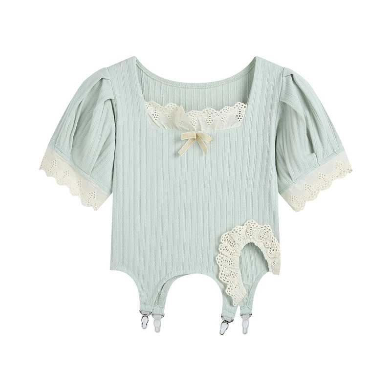 

Square Collar Short Sleeve Crop Tops Women 2021 Summer New Korean Fashion Patchwork Lace Slim Lady Green Knitted Pullovers