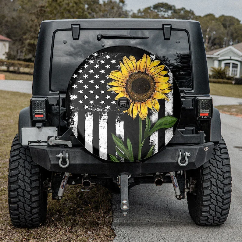 

American Flag Sunflower Spare Tire COVER CAR Camper, Christmas Gift, Personalized Spare Tire COVER CAR, Gift For Car Lover