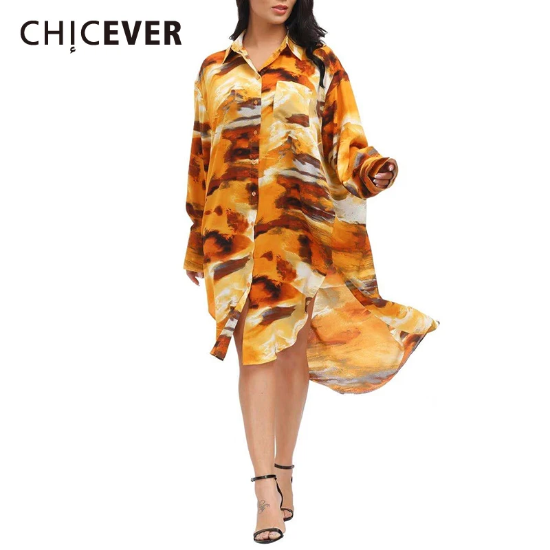 

CHICEVER Print Shirt Dress For Women Lapel Long Sleeve Hit Color Tie Dye Asymmetrical Hem Mid Dresses Female 2021 Spring Clothes