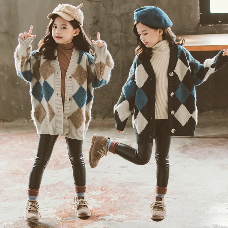 

Children'S Girls Sweaters 2022 Autumn And Winter New Korean Plaid Knitted Cardigan Big Kids European and American Diamond Jacket