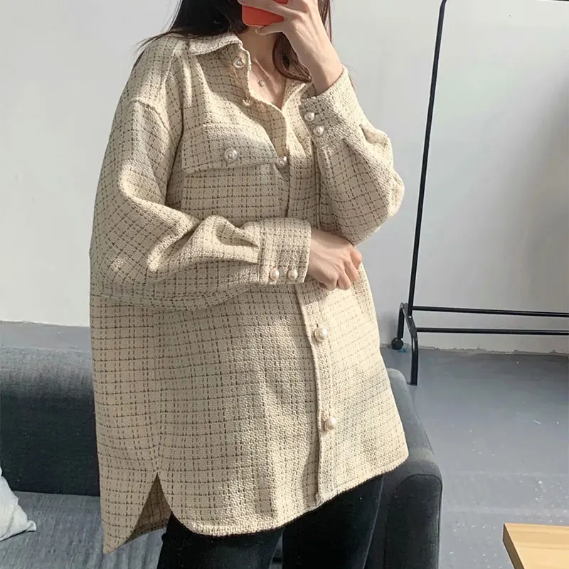

Spring Summer Women's Shirt Style Coat 2021Small Fragrant Wind lattice Korean Version Loose Street Clothing Button Type Chic