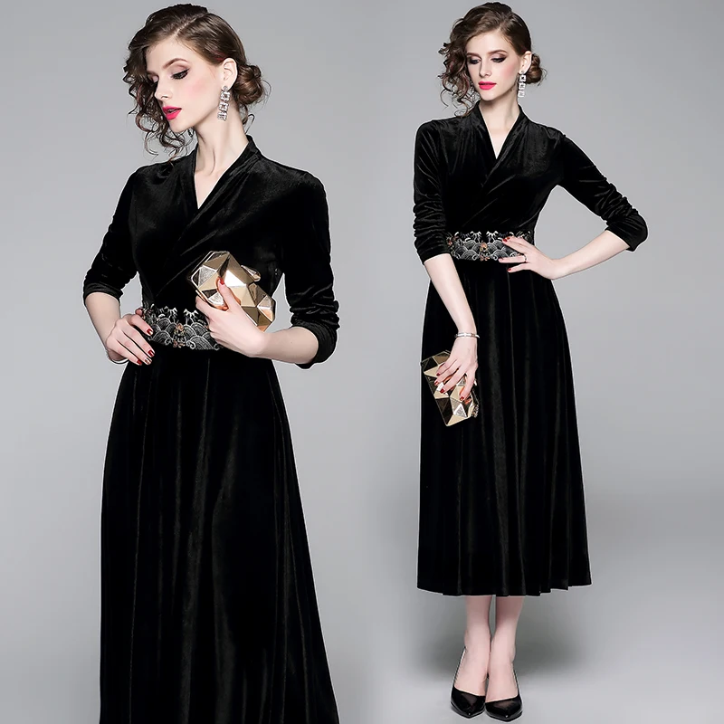 

Fashion Elegant Velvet Midi Dress for Women Autumn and Winter Boho Long Sleeves Black Dress Vintage Club Party Dresses Vestidos