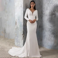 simple mermaid wedding dress for brides long sleeves high quality jersey sweep train crystal sheer v neck backless bridal gowns