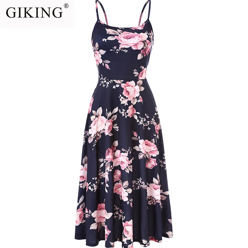 GIKING Floral Frinting Summer Dress Women 2019 Spaghetti Strap Boho Midi Backless Casual Beach Dresses Zomerjurk Dames | Женская одежда
