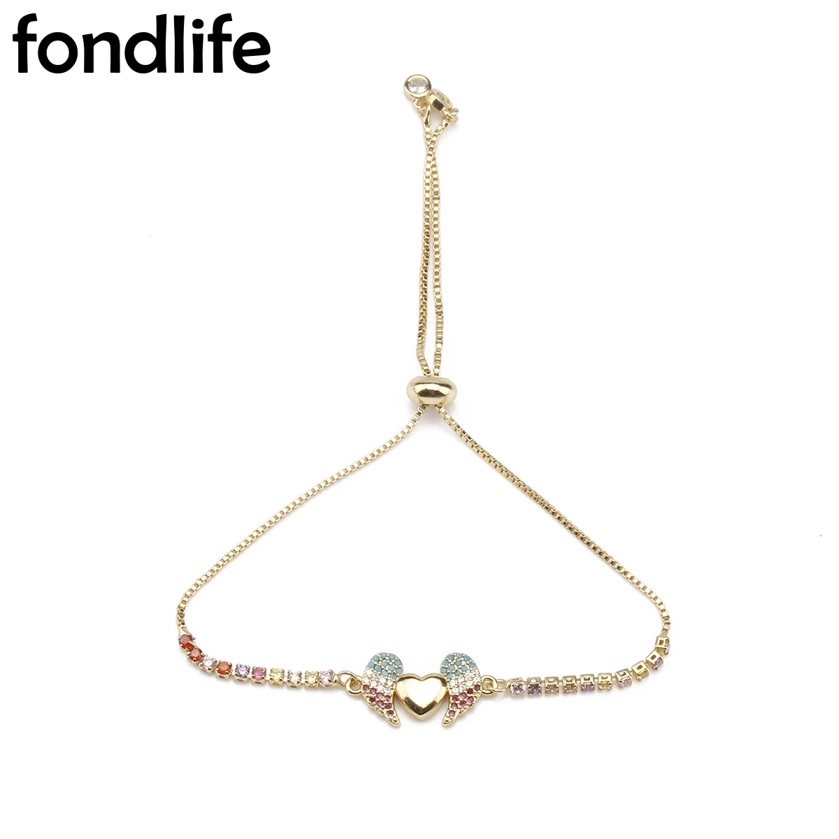 

Good Quality AAA Cubic Zirconia Crystal Gold Plated Love Heart Whit Colorful CZ Flying Wing Charm Bracelet Women Brass Jewelry