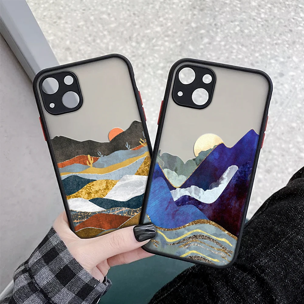 

iPhone 11 12 13 Pro Max Mini Hand Scenery Painted Case for 7 8 plus SE2020 XS X XR Hard Shockproof Landscape Illustration funda