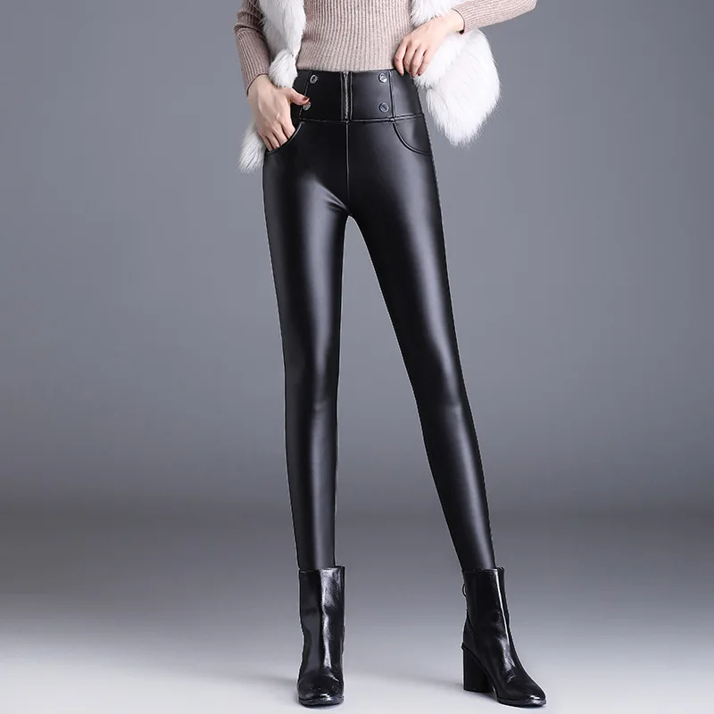 

Women's Faux Leather Pants Autumn Female Slim Pants Pencil Legging Ladies High Waist Black Midi Bodycon Leather Pant 5XL A129