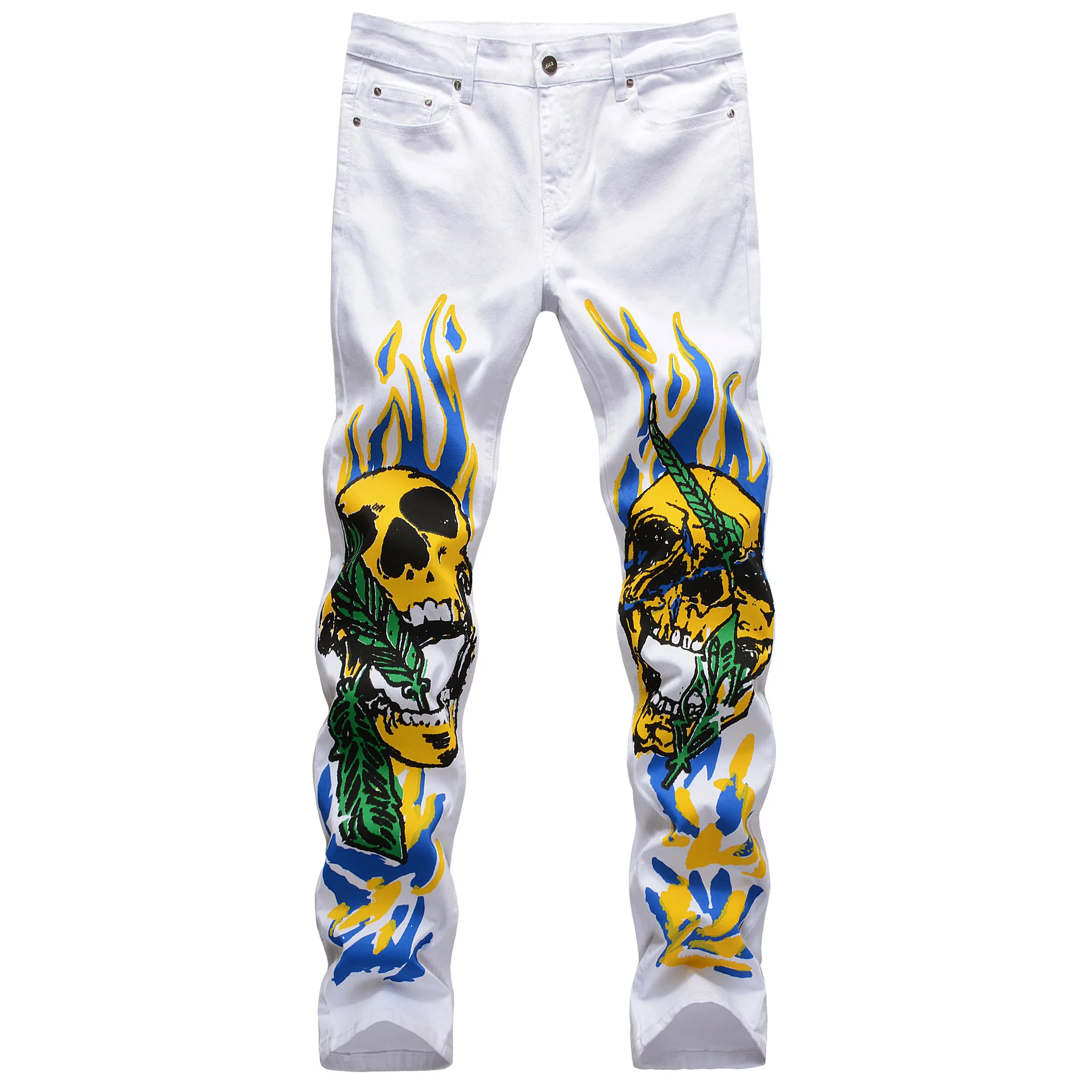 Jas Fashion Men's Jeans Stretch Slim Fit 3D Color Print Black White Trousers Flame Skull Graffiti Street Fashion Men Denim Pants