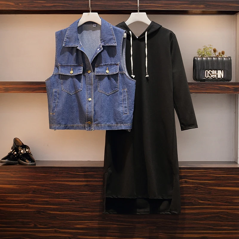 

Женская одежда больших размеров, Осень-зима 2019, новая пара джинсовых жилетов и шапок, платье средней длины, 2 комплекта