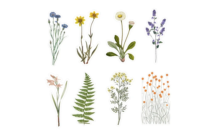 8 наклеек для дневника в винтажном стиле маленькая трава листья бархатная