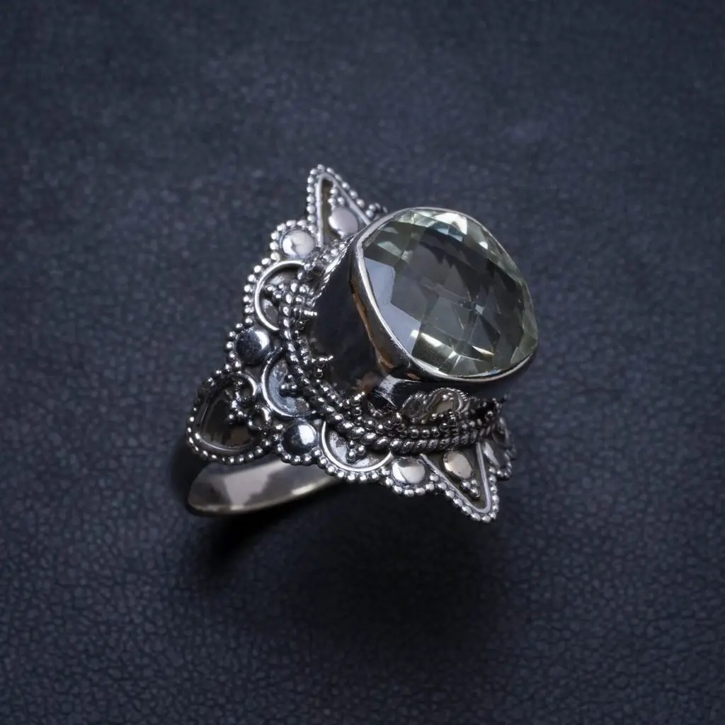 Кольцо из натурального серебра с зеленым аметистом ручной работы размеры США 9