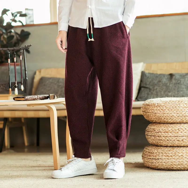 MrGoldenBowl Men's Solid Color Straight Harem Pants Chinese Style Man Loose Ankle-Length Trousers Streetwear Male Casual Pants