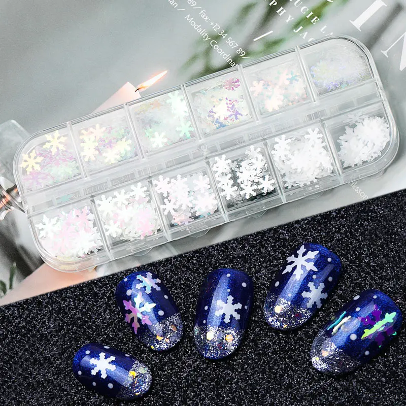 

12 cells/ box new Year Holographic Xmas Snowflakes Nail Sequins 5D Flakes AB Manicure Decorations